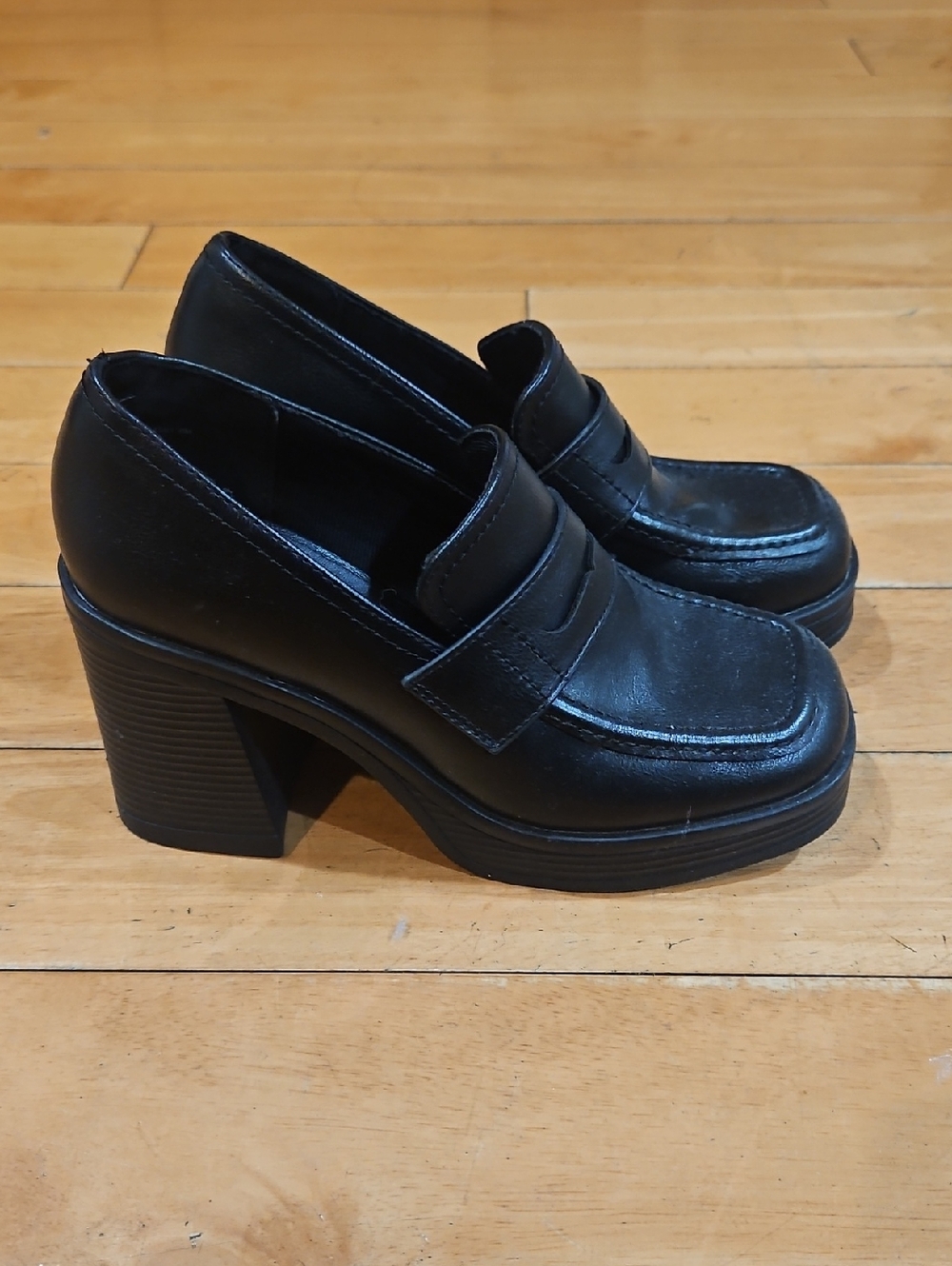 Steve Madden Black 3inch Block Heel Platform Loafers - Women's Dress Shoes